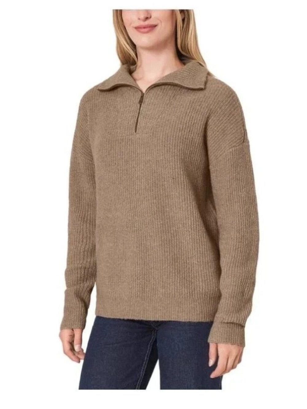 Modern Ambition Women's Knit 1/4 Zip Long Sleeves Sweater, Brown, Size S
